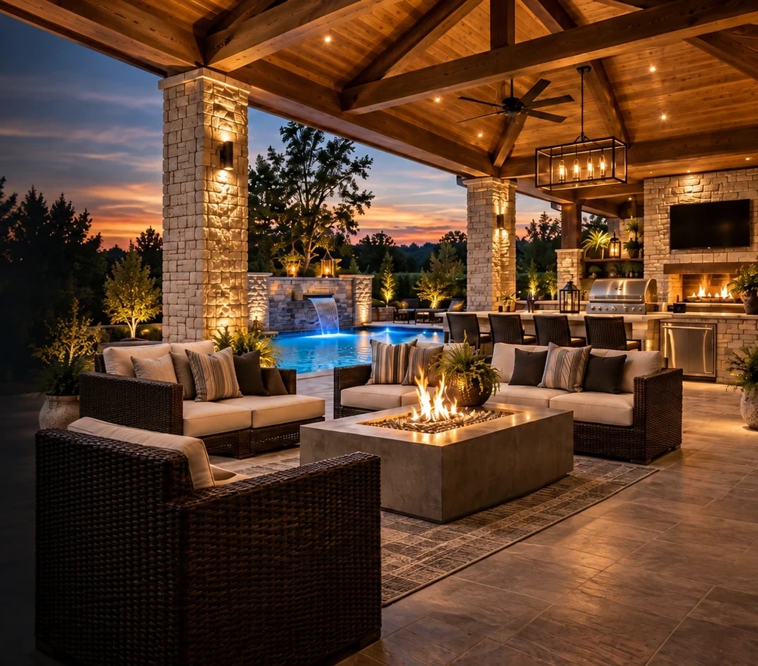 Covered outdoor living space at dusk with timber beams, a stone outdoor kitchen, fire pit and pool